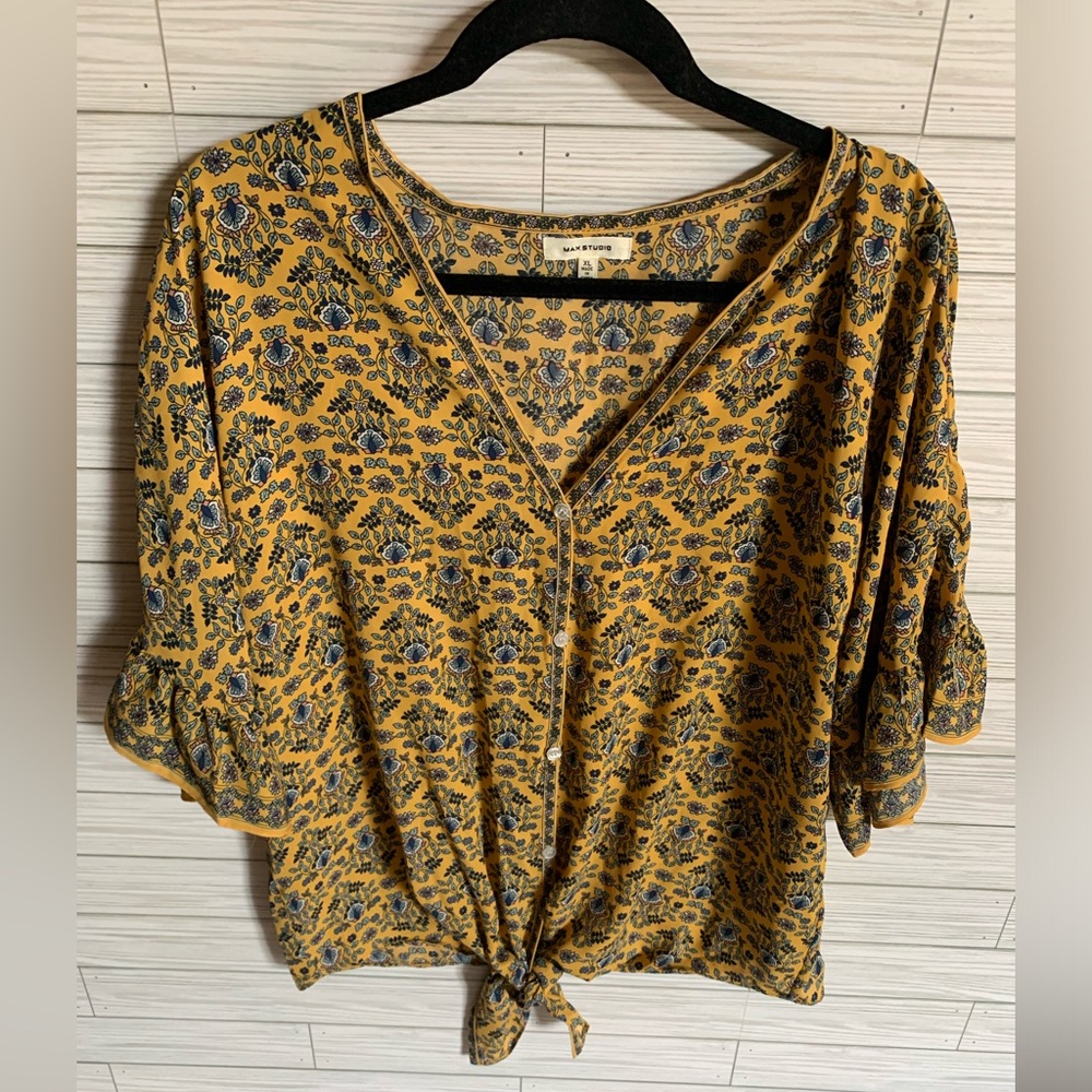 Max Studio Mustard Floral Tie-Knot V-Neck Blouse